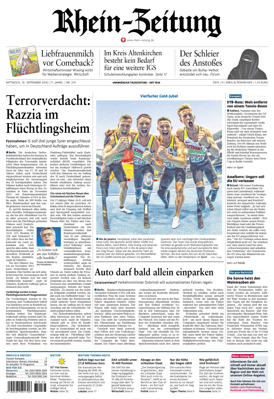 Rhein-Zeitung Kreis Altenkirchen vom Mittwoch, 14.09.2016
