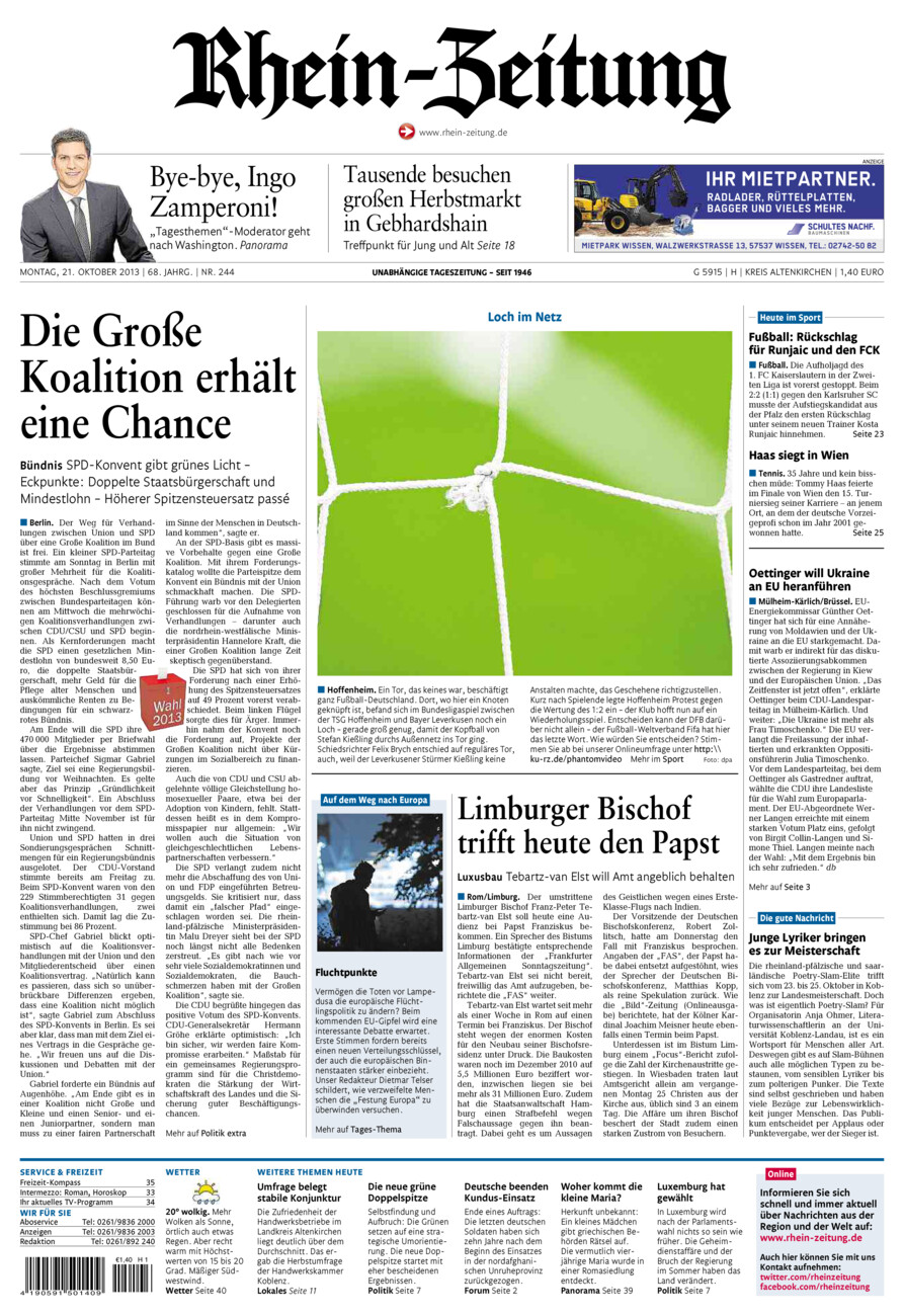 Rhein-Zeitung Kreis Altenkirchen vom Montag, 21.10.2013
