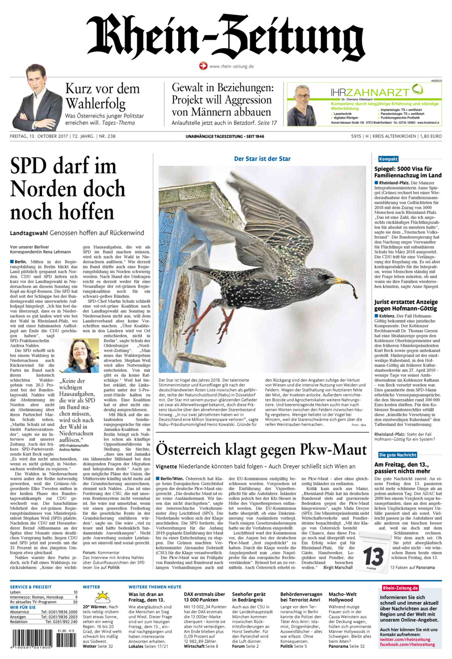 Rhein-Zeitung Kreis Altenkirchen vom Freitag, 13.10.2017