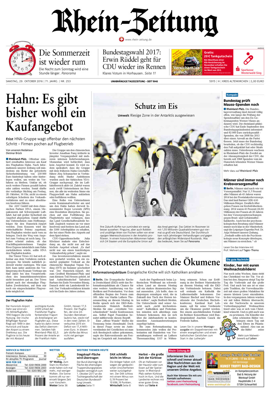 Rhein-Zeitung Kreis Altenkirchen vom Samstag, 29.10.2016