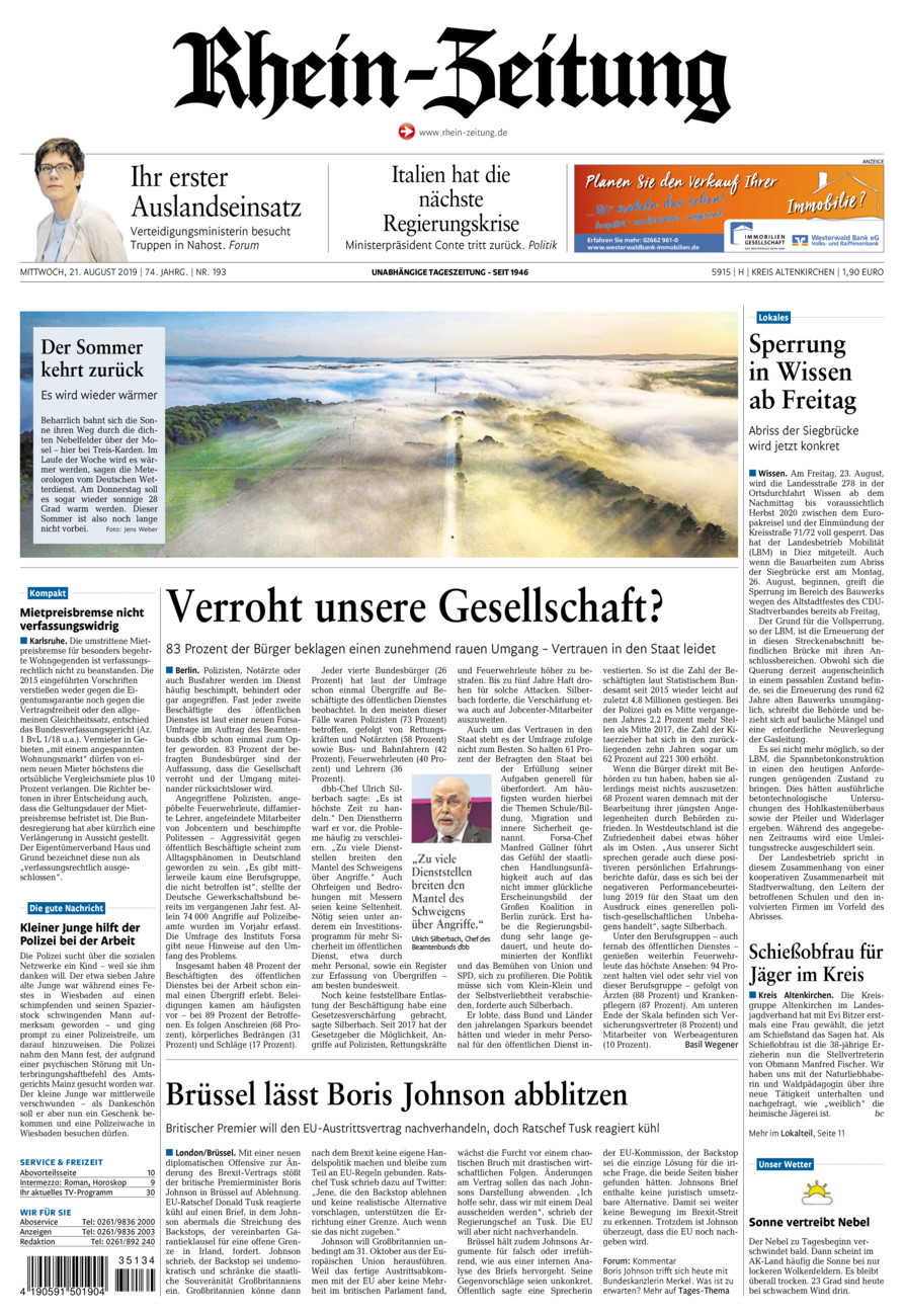 Rhein-Zeitung Kreis Altenkirchen vom Mittwoch, 21.08.2019