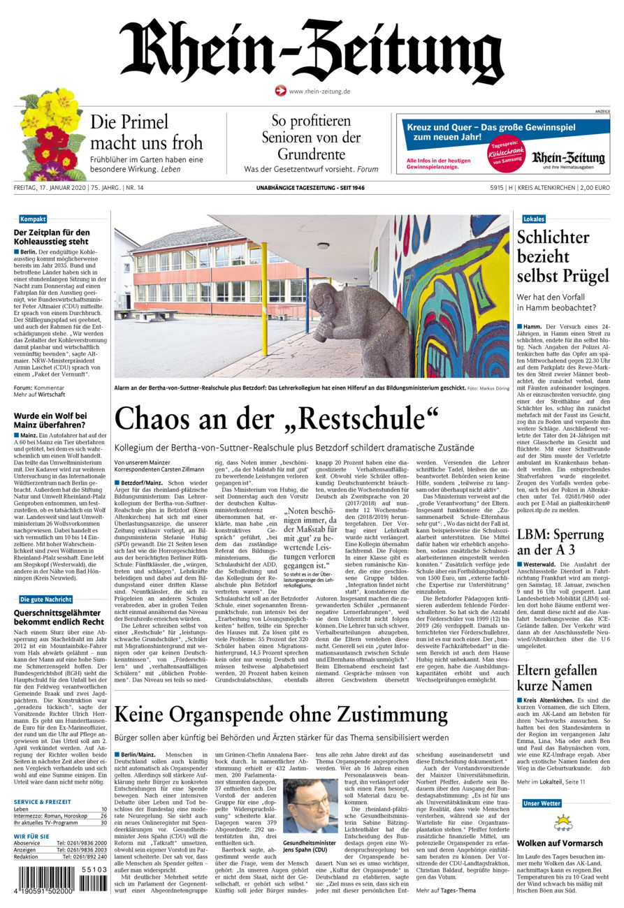 Rhein-Zeitung Kreis Altenkirchen vom Freitag, 17.01.2020