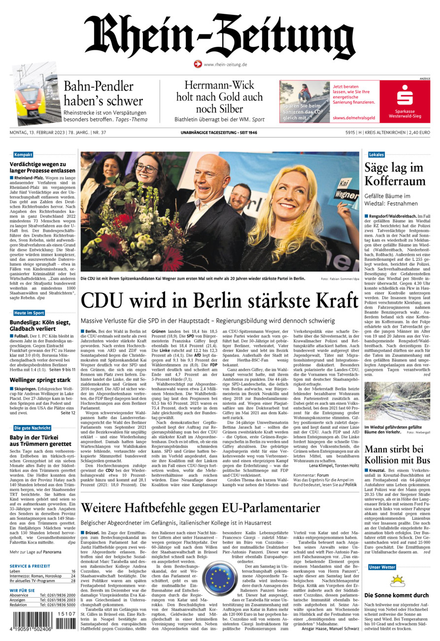 Rhein-Zeitung Kreis Altenkirchen vom Montag, 13.02.2023