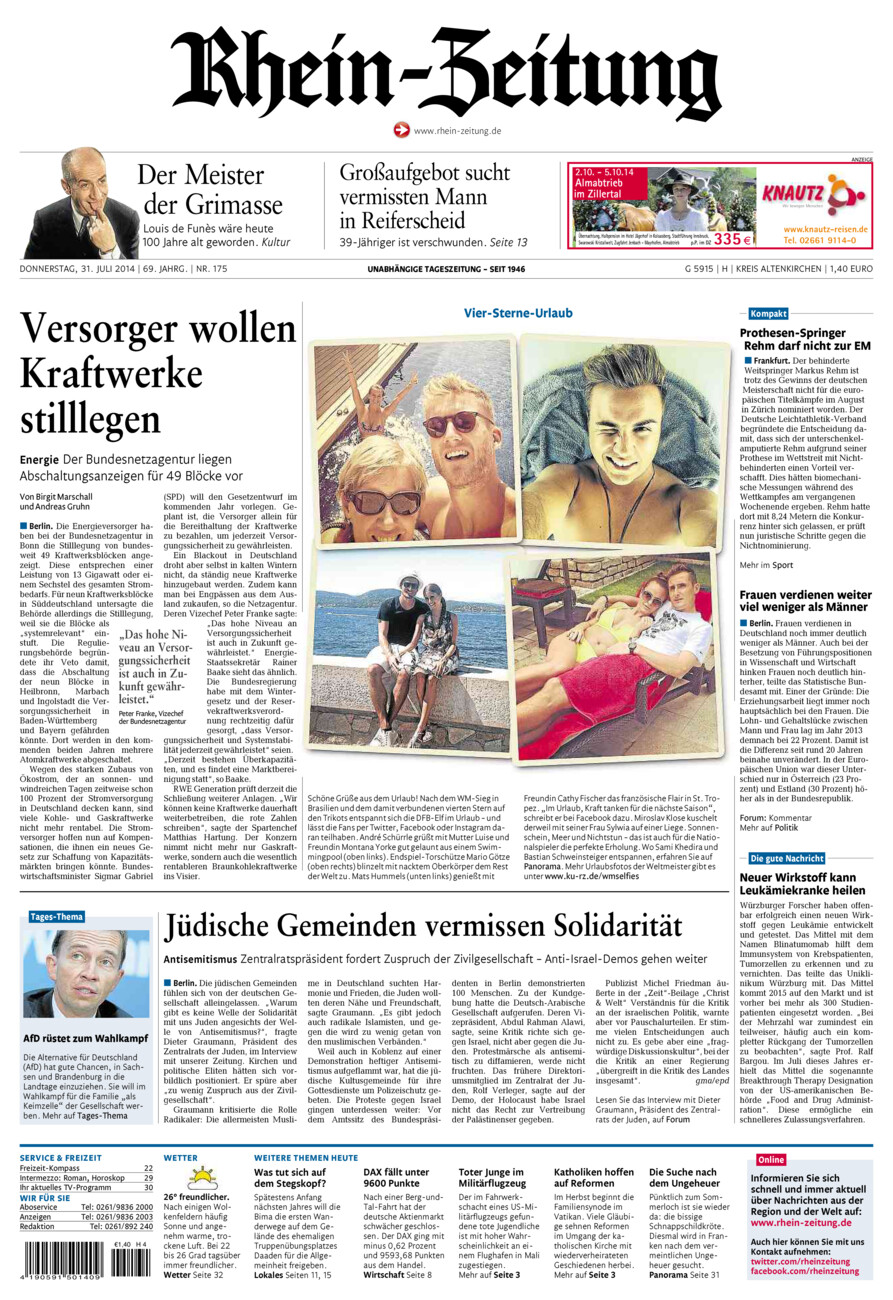 Rhein-Zeitung Kreis Altenkirchen vom Donnerstag, 31.07.2014
