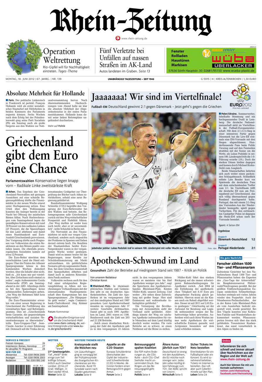 Rhein-Zeitung Kreis Altenkirchen vom Montag, 18.06.2012