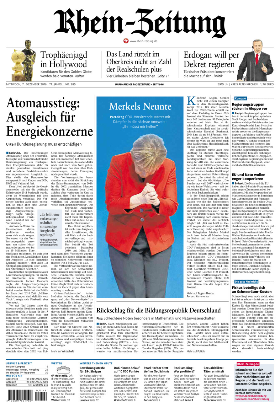 Rhein-Zeitung Kreis Altenkirchen vom Mittwoch, 07.12.2016