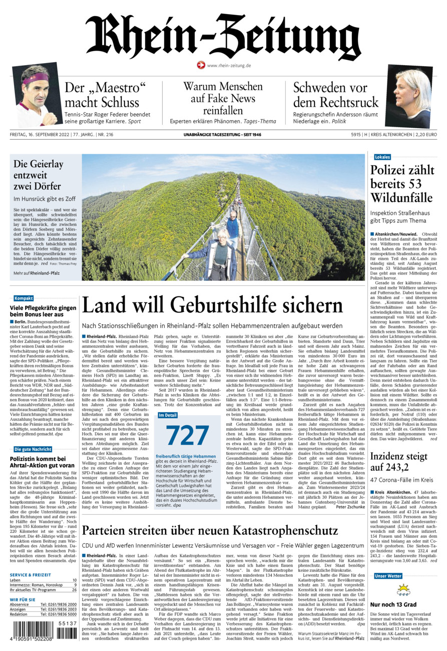 Rhein-Zeitung Kreis Altenkirchen vom Freitag, 16.09.2022