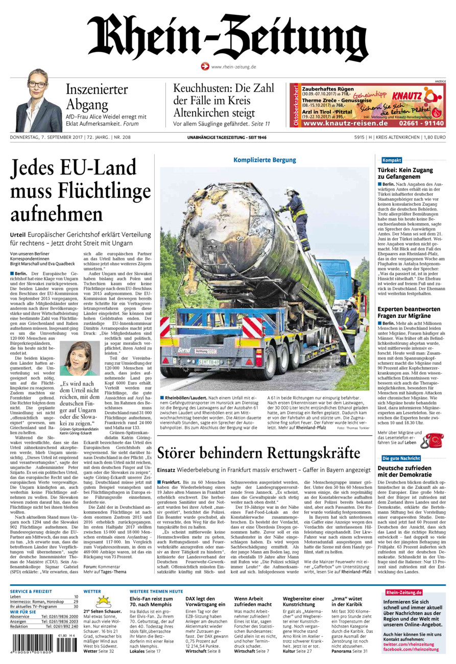 Rhein-Zeitung Kreis Altenkirchen vom Donnerstag, 07.09.2017