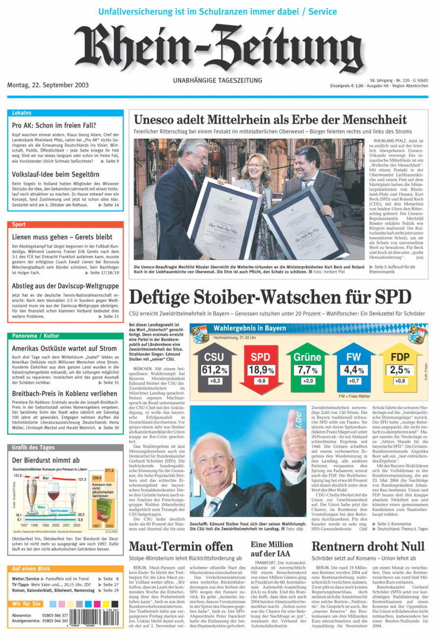 Rhein-Zeitung Kreis Altenkirchen vom Montag, 22.09.2003