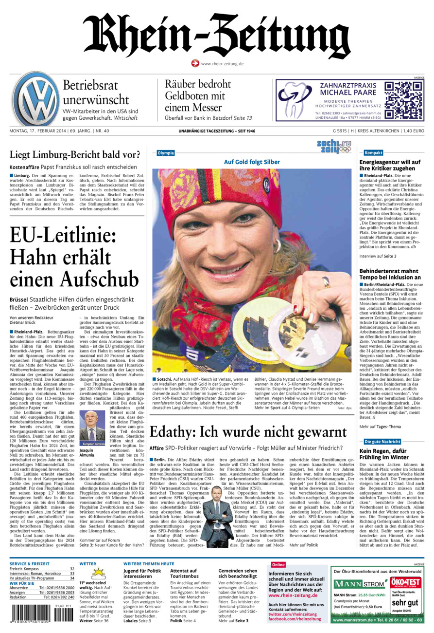 Rhein-Zeitung Kreis Altenkirchen vom Montag, 17.02.2014