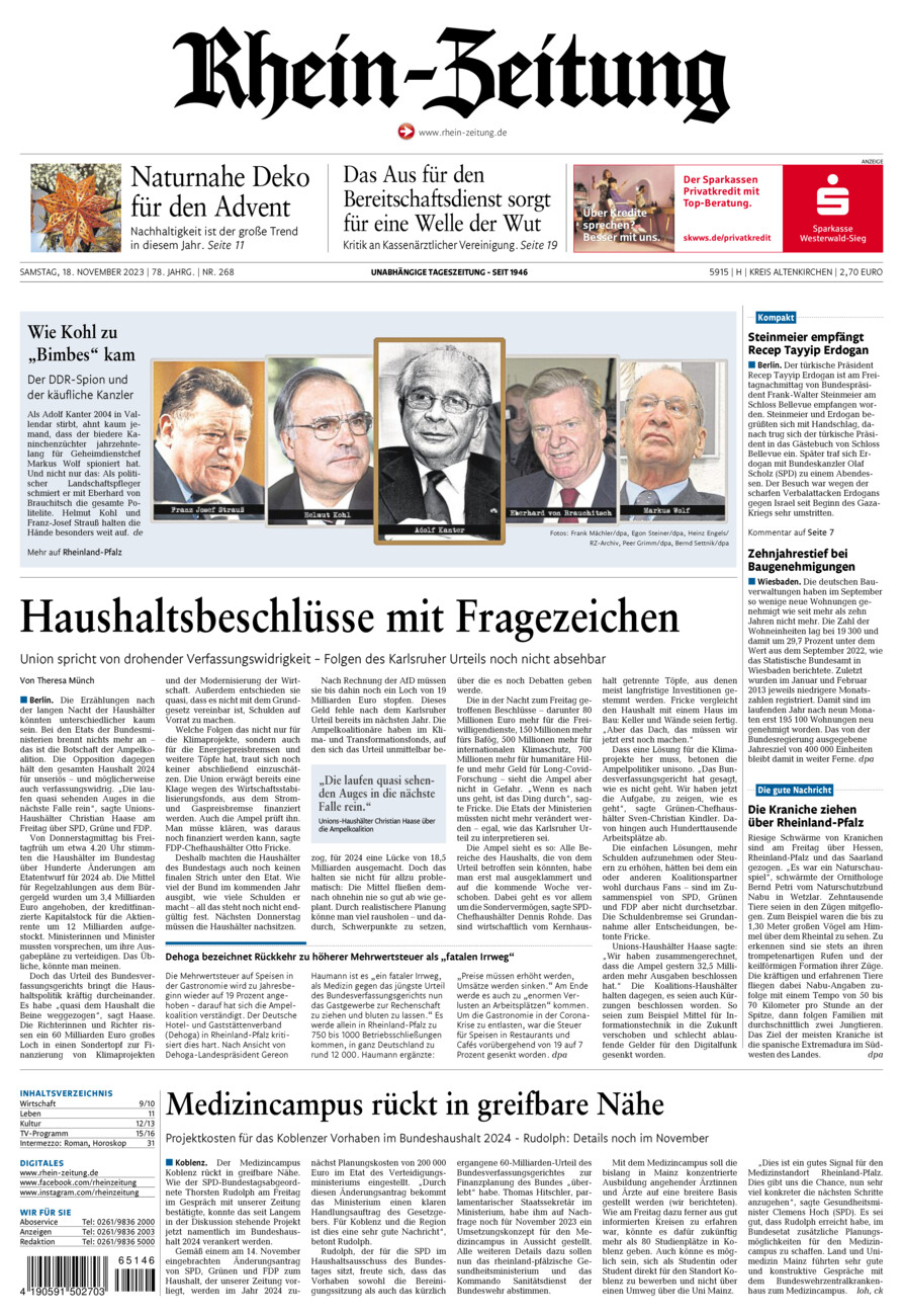 Rhein-Zeitung Kreis Altenkirchen vom Samstag, 18.11.2023