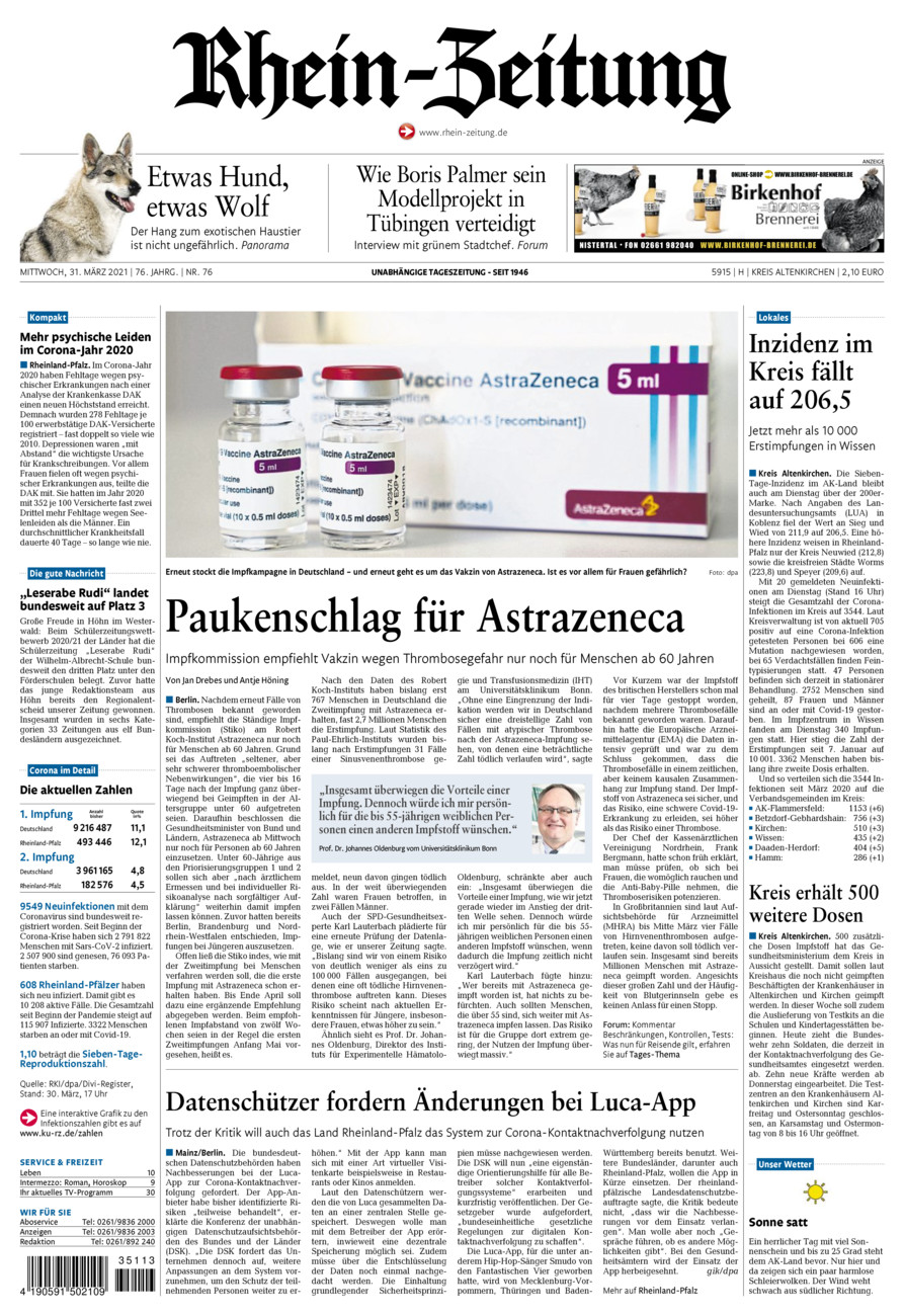 Rhein-Zeitung Kreis Altenkirchen vom Mittwoch, 31.03.2021