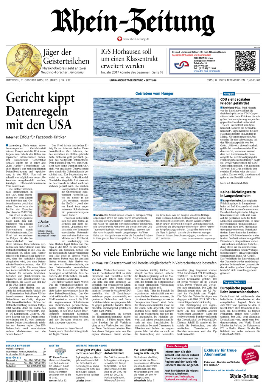 Rhein-Zeitung Kreis Altenkirchen vom Mittwoch, 07.10.2015