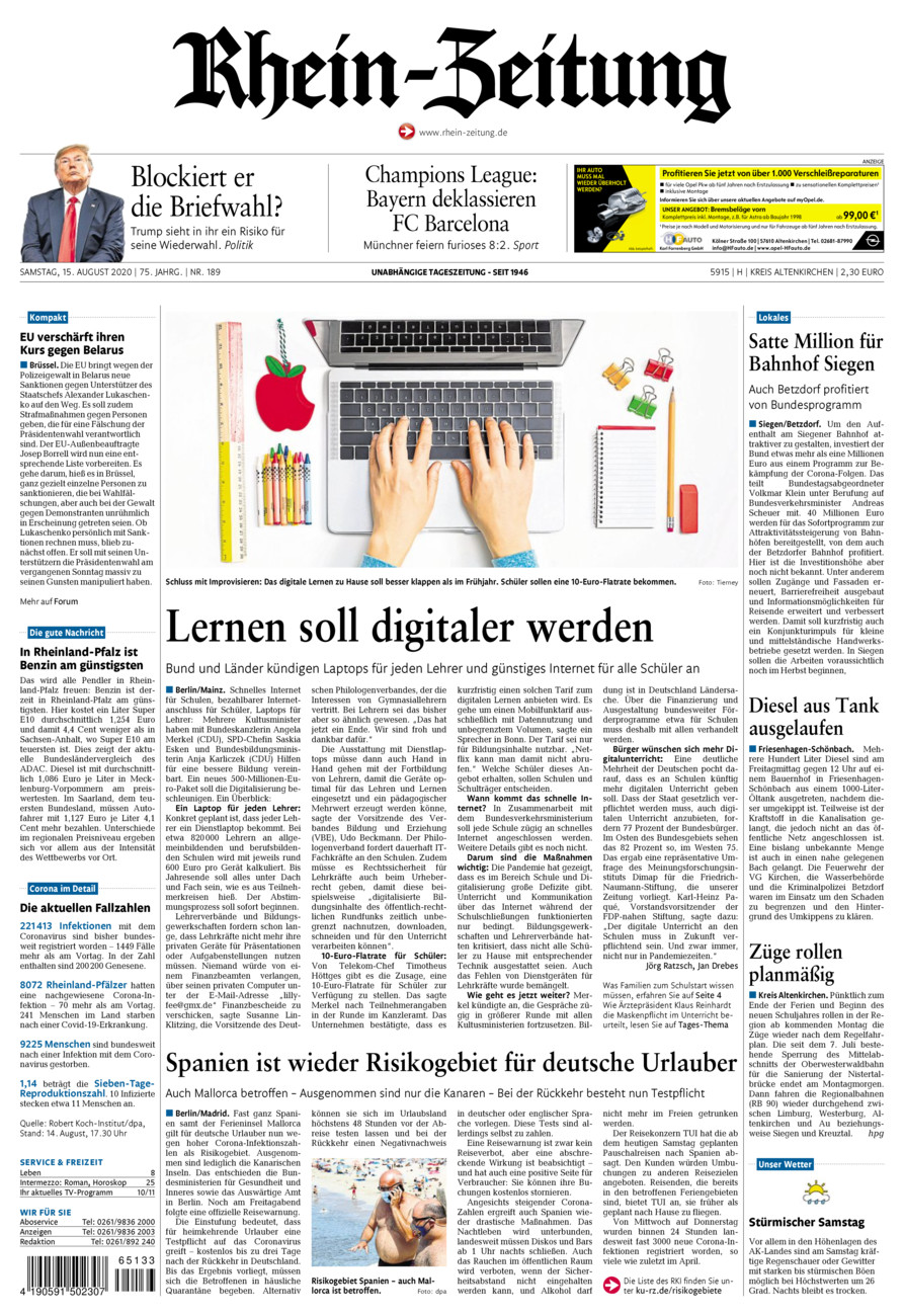 Rhein-Zeitung Kreis Altenkirchen vom Samstag, 15.08.2020