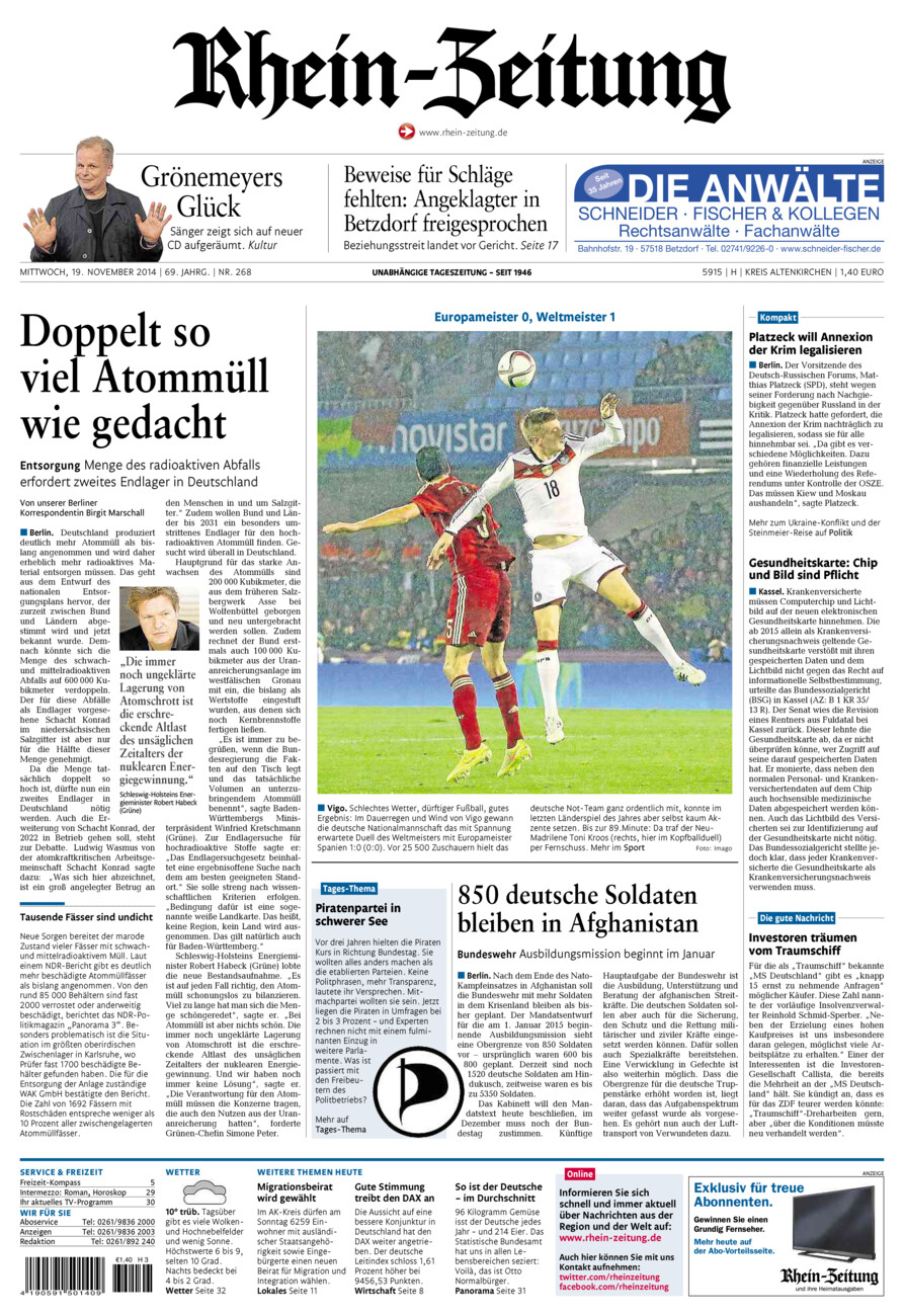 Rhein-Zeitung Kreis Altenkirchen vom Mittwoch, 19.11.2014