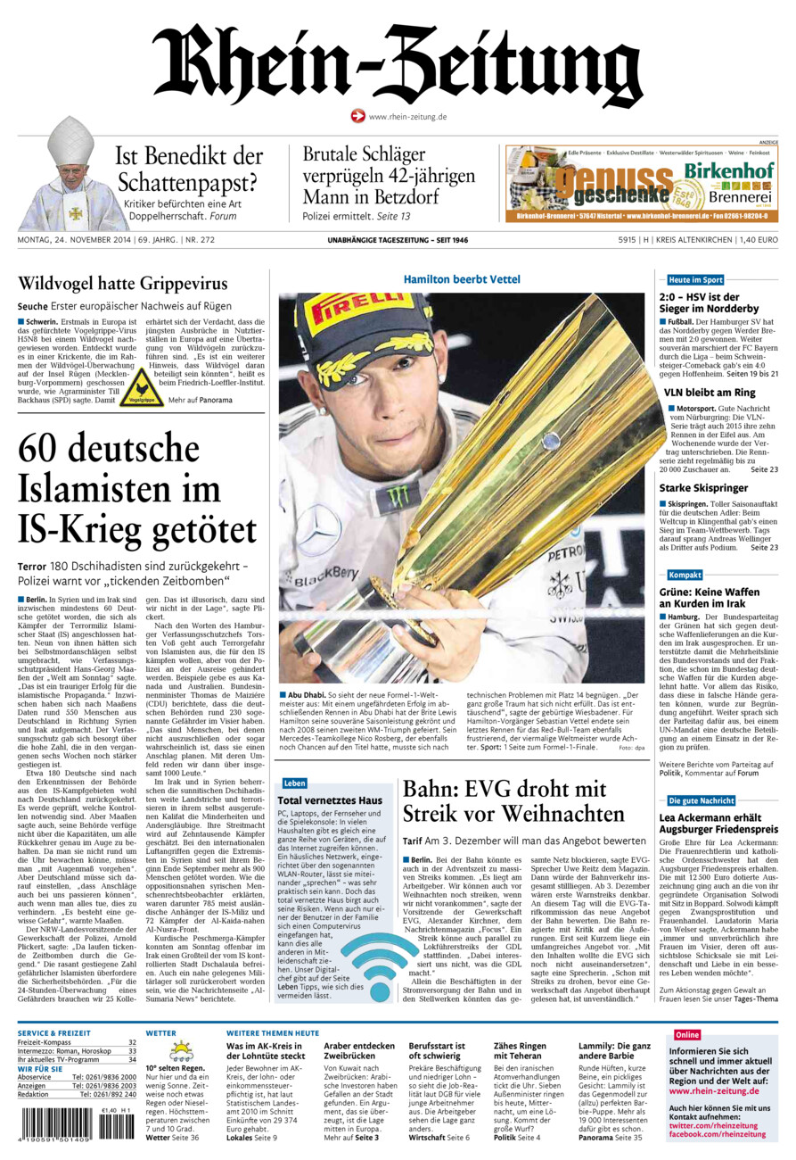 Rhein-Zeitung Kreis Altenkirchen vom Montag, 24.11.2014