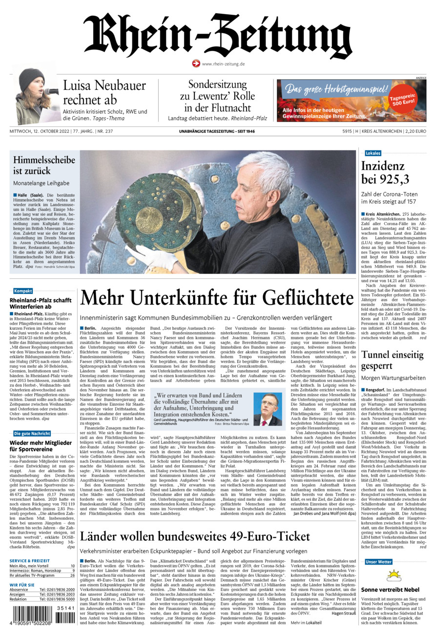 Rhein-Zeitung Kreis Altenkirchen vom Mittwoch, 12.10.2022