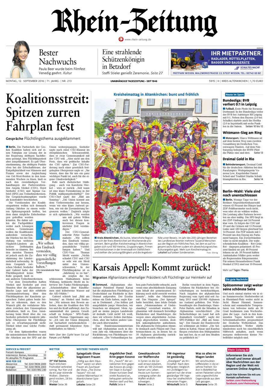 Rhein-Zeitung Kreis Altenkirchen vom Montag, 12.09.2016