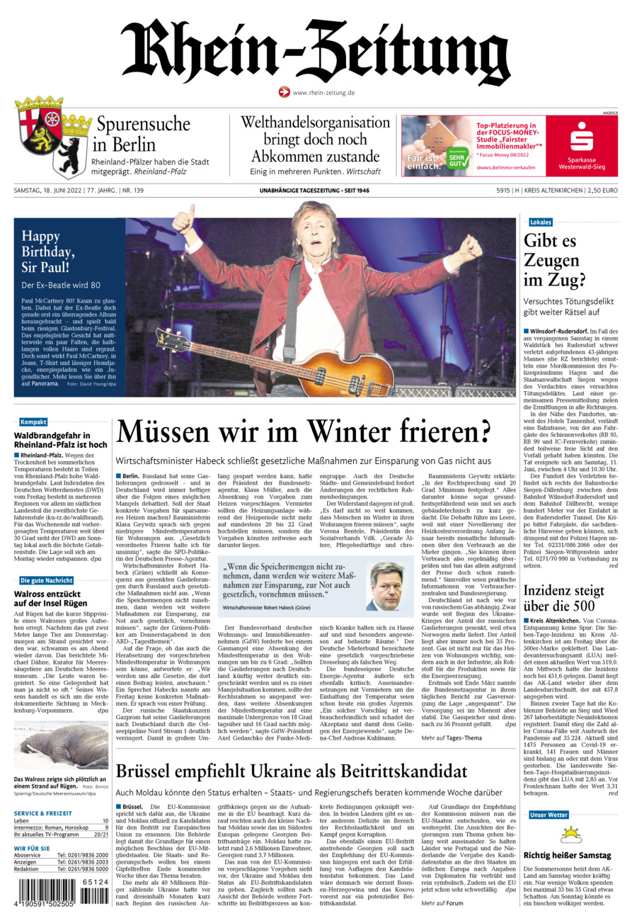 Rhein-Zeitung Kreis Altenkirchen vom Samstag, 18.06.2022