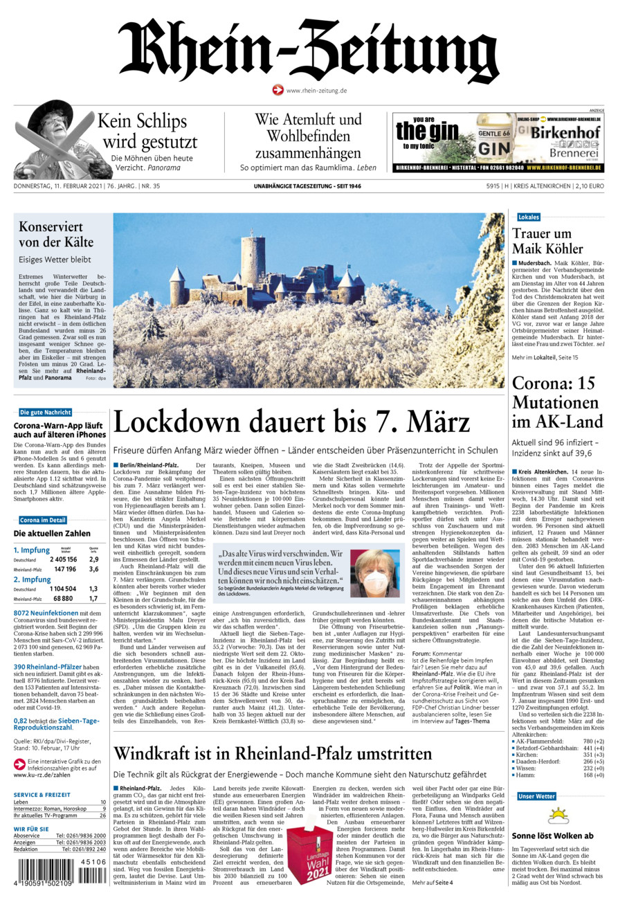 Rhein-Zeitung Kreis Altenkirchen vom Donnerstag, 11.02.2021