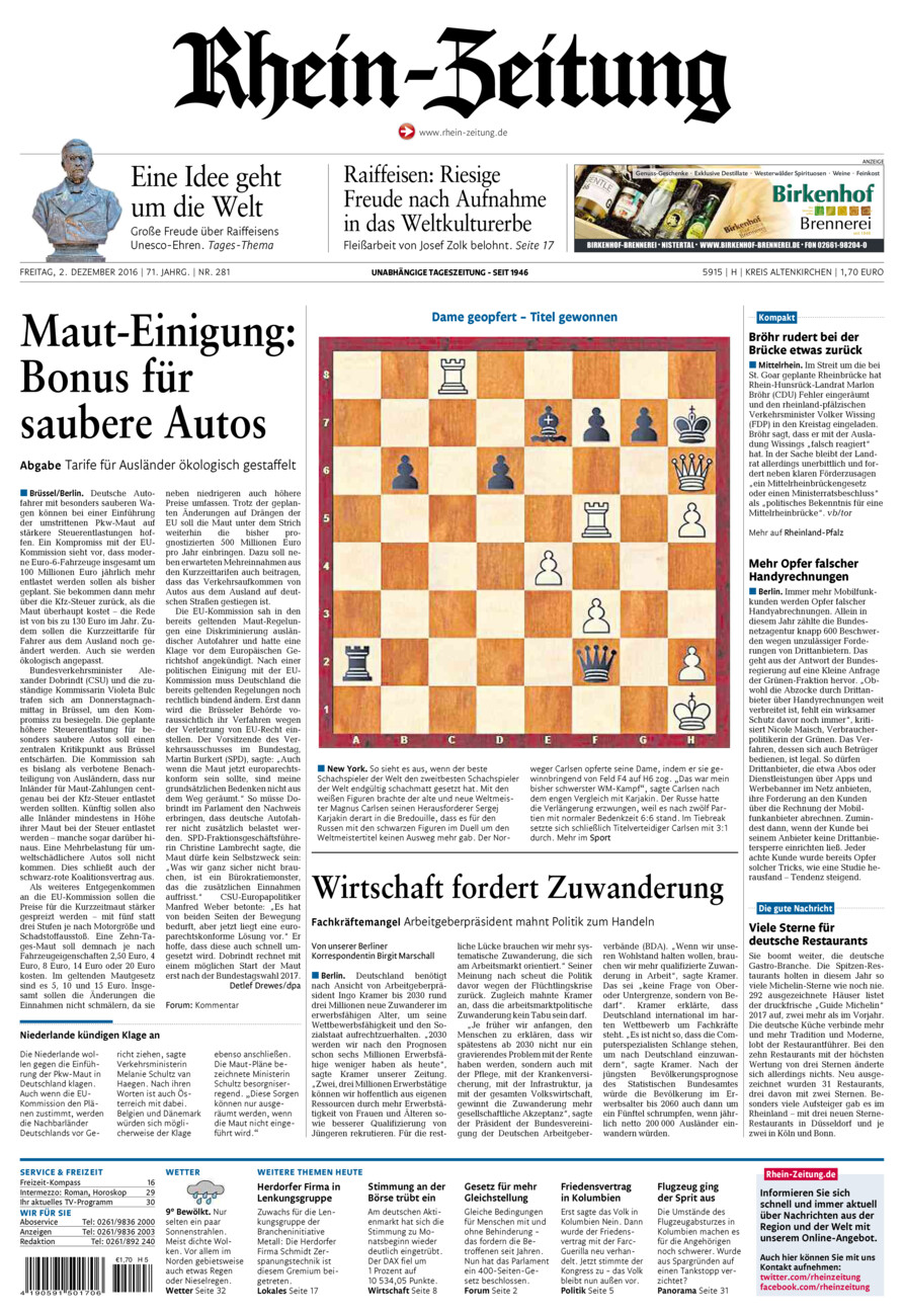 Rhein-Zeitung Kreis Altenkirchen vom Freitag, 02.12.2016
