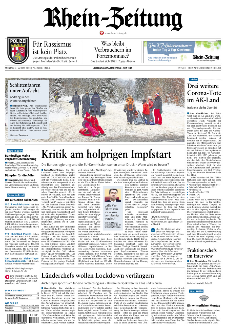 Rhein-Zeitung Kreis Altenkirchen vom Montag, 04.01.2021