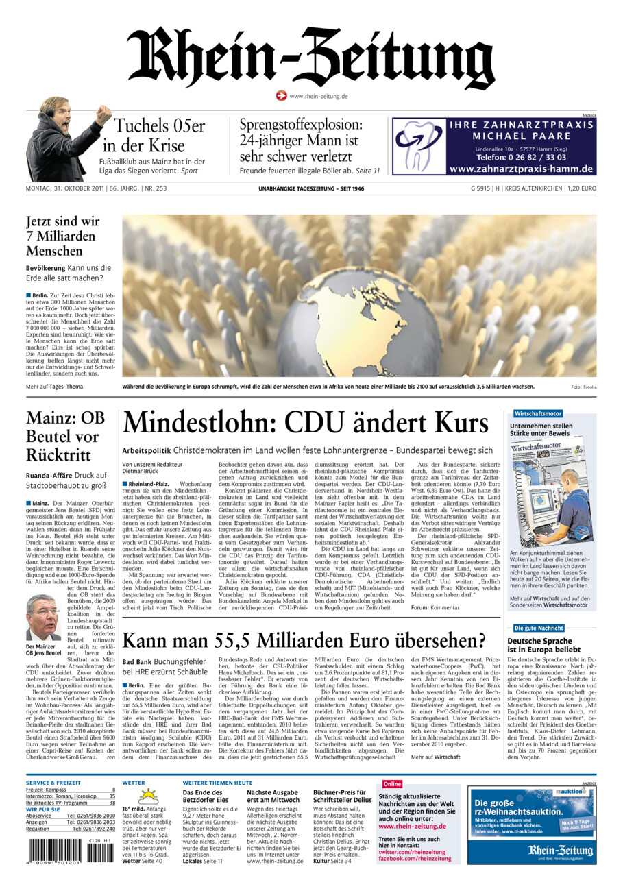Rhein-Zeitung Kreis Altenkirchen vom Montag, 31.10.2011