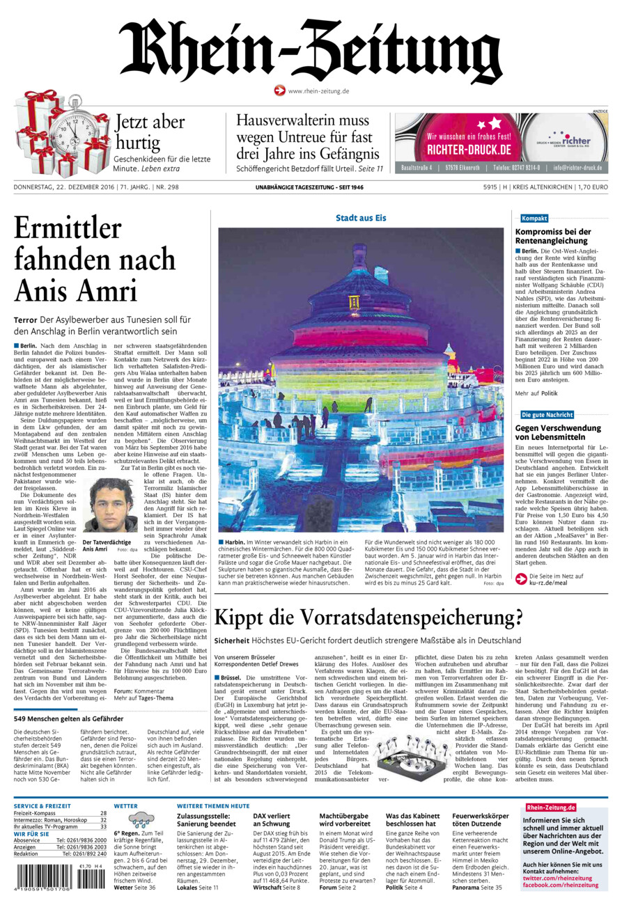 Rhein-Zeitung Kreis Altenkirchen vom Donnerstag, 22.12.2016