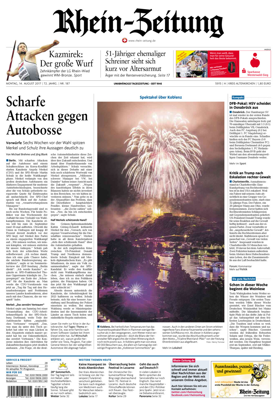 Rhein-Zeitung Kreis Altenkirchen vom Montag, 14.08.2017