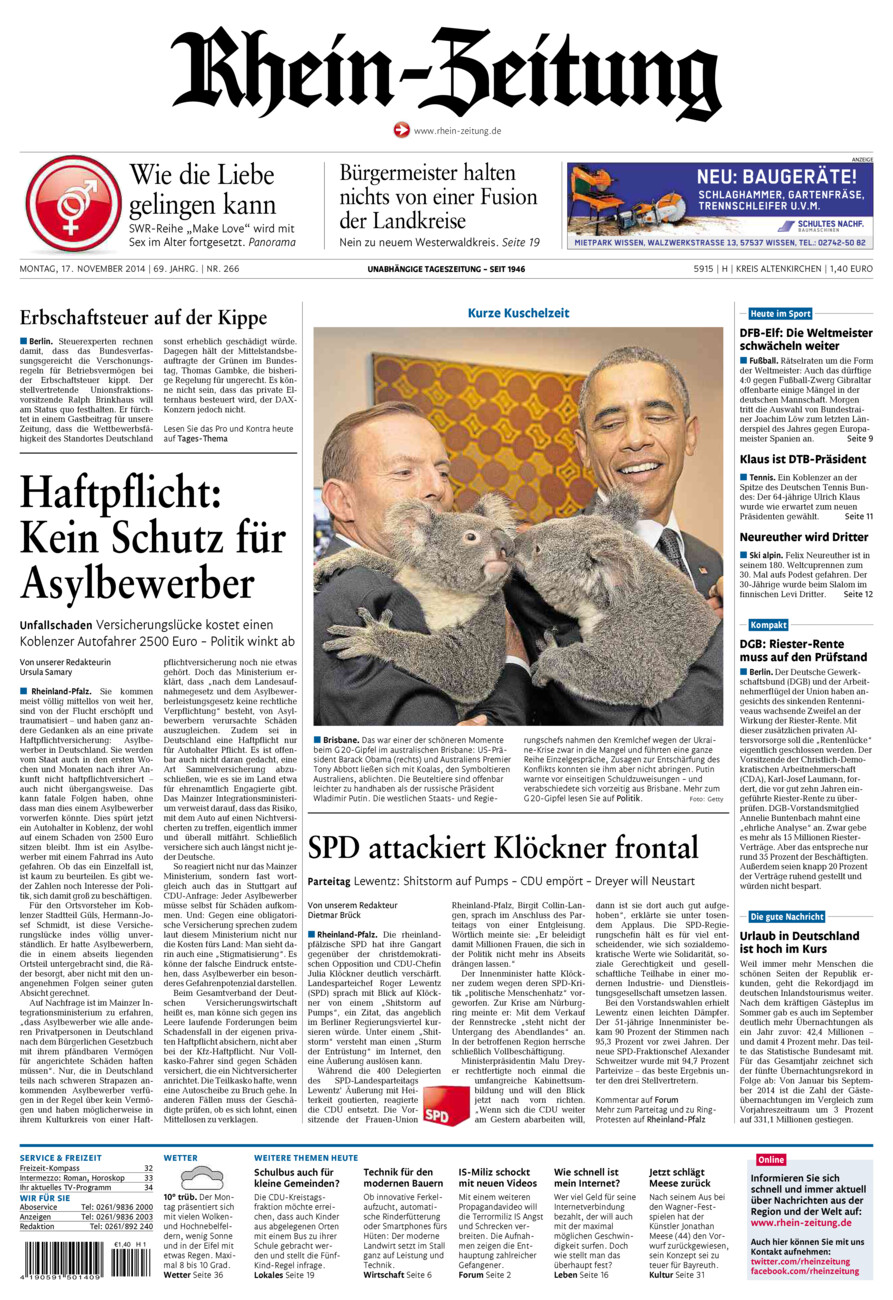 Rhein-Zeitung Kreis Altenkirchen vom Montag, 17.11.2014