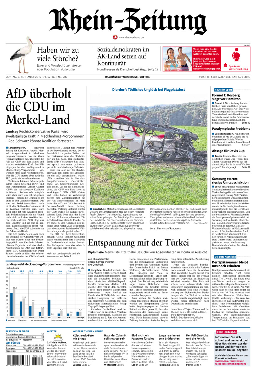 Rhein-Zeitung Kreis Altenkirchen vom Montag, 05.09.2016