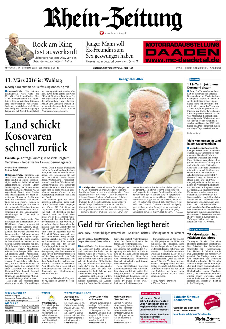 Rhein-Zeitung Kreis Altenkirchen vom Mittwoch, 25.02.2015