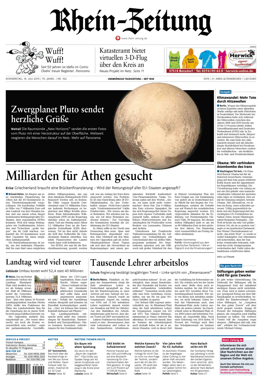 Rhein-Zeitung Kreis Altenkirchen vom Donnerstag, 16.07.2015