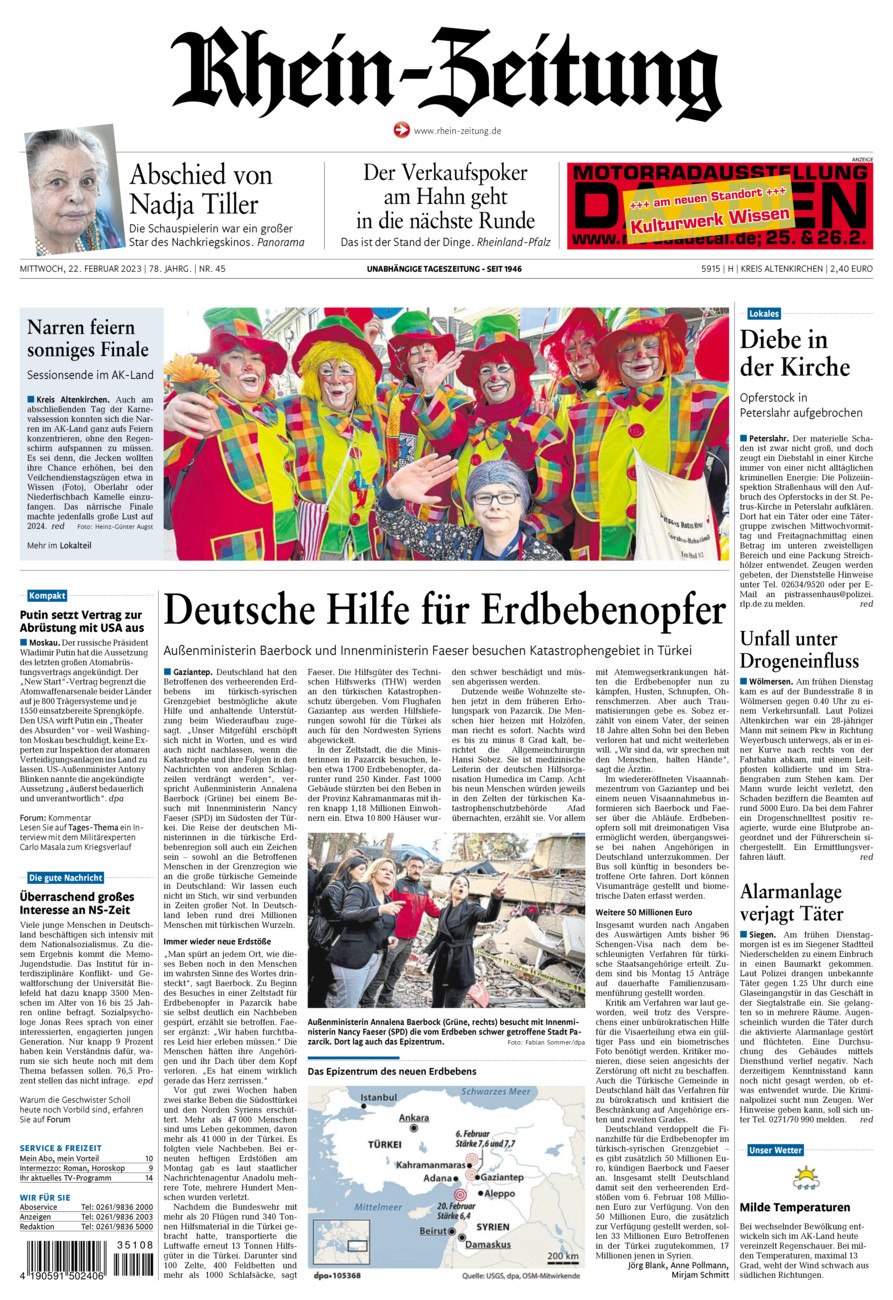 Rhein-Zeitung Kreis Altenkirchen vom Mittwoch, 22.02.2023