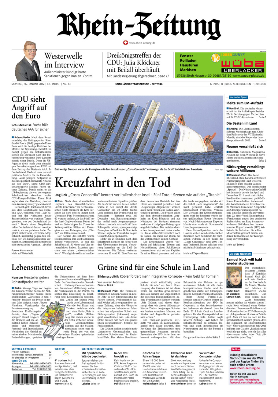Rhein-Zeitung Kreis Altenkirchen vom Montag, 16.01.2012
