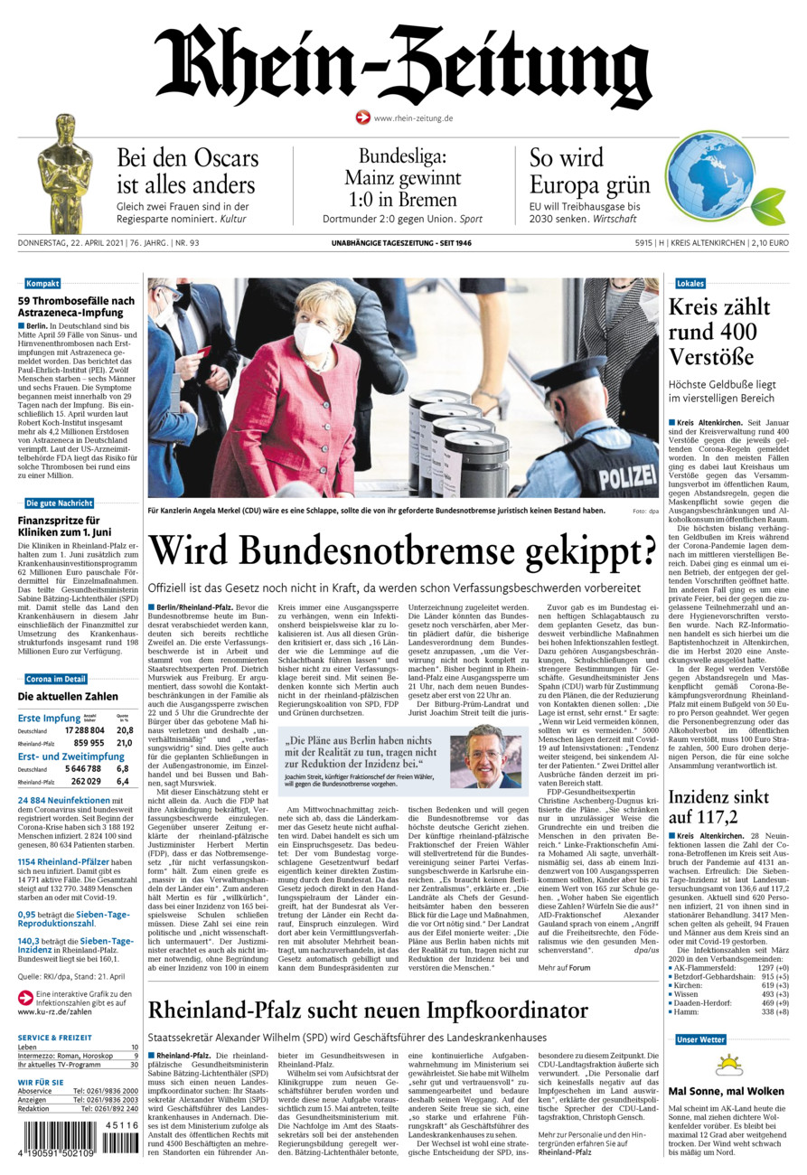 Rhein-Zeitung Kreis Altenkirchen vom Donnerstag, 22.04.2021