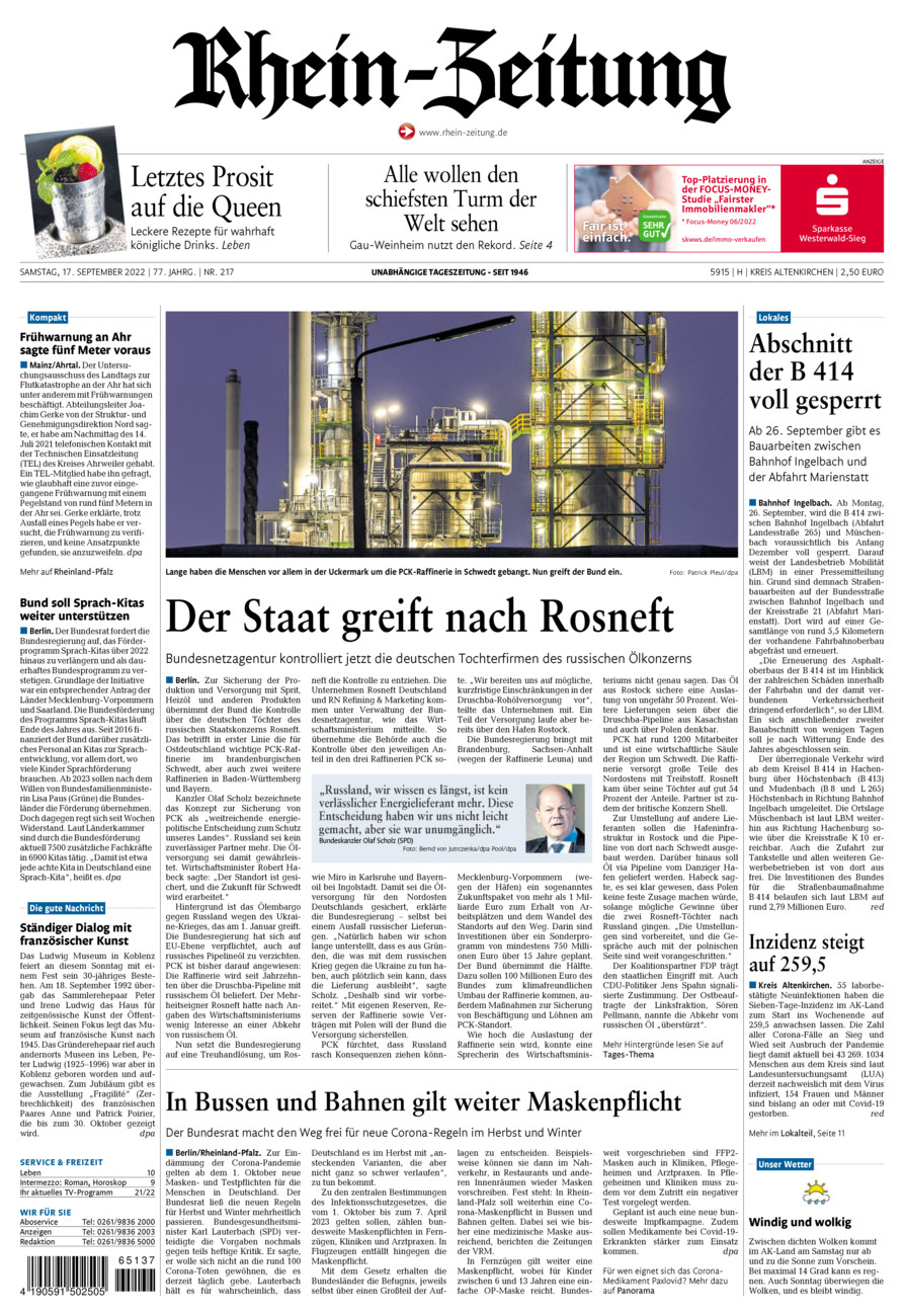 Rhein-Zeitung Kreis Altenkirchen vom Samstag, 17.09.2022