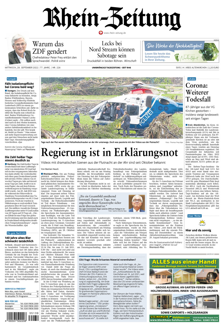 Rhein-Zeitung Kreis Altenkirchen vom Mittwoch, 28.09.2022