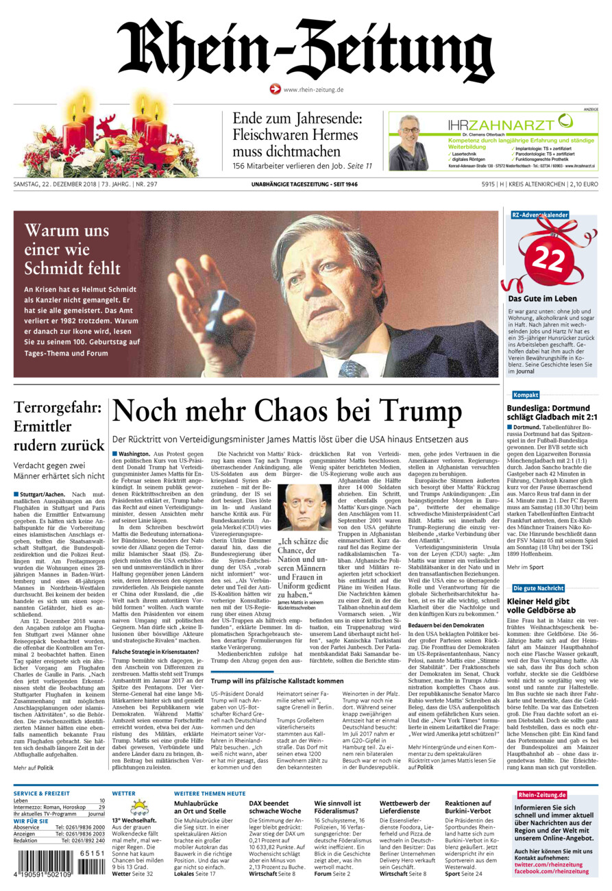 Rhein-Zeitung Kreis Altenkirchen vom Samstag, 22.12.2018