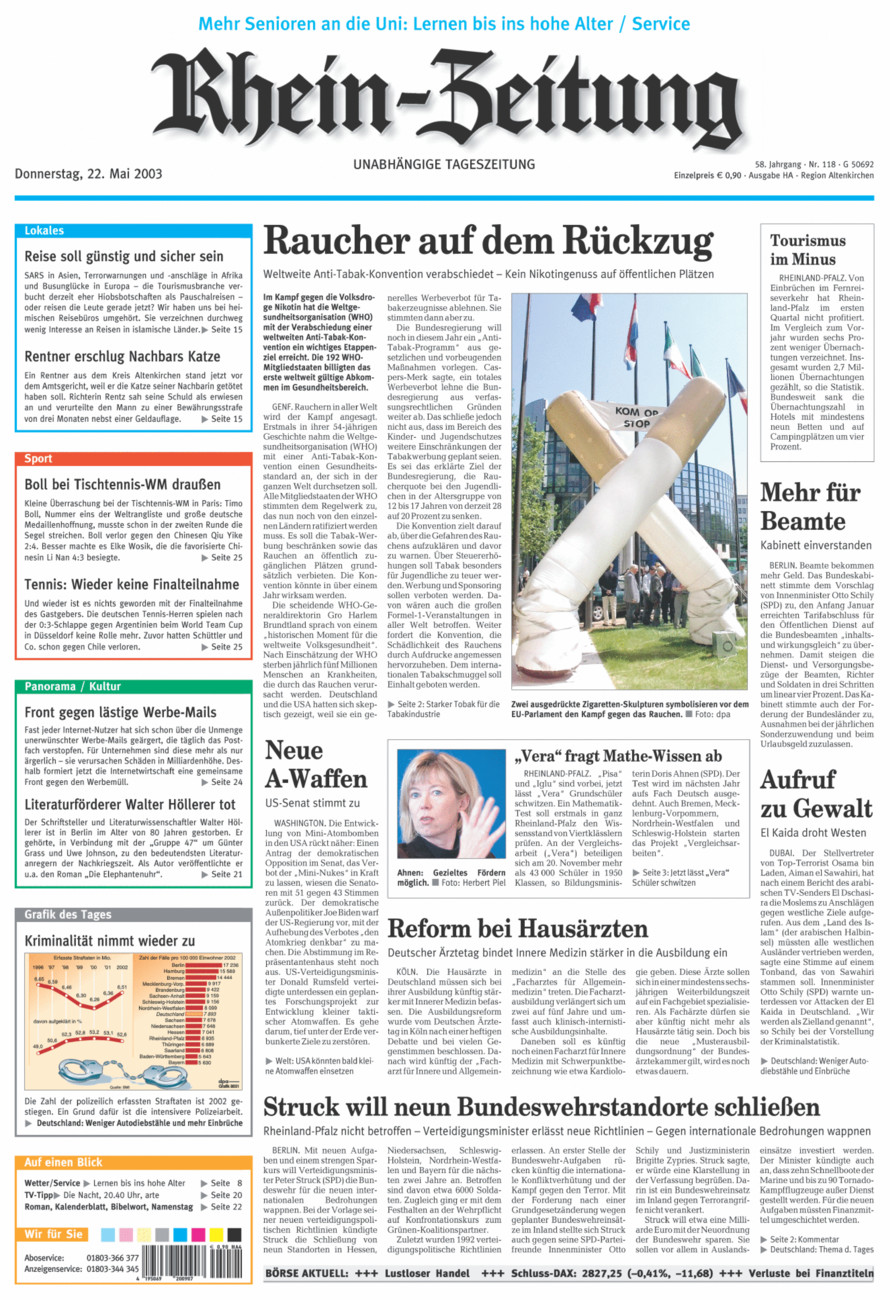 Rhein-Zeitung Kreis Altenkirchen vom Donnerstag, 22.05.2003