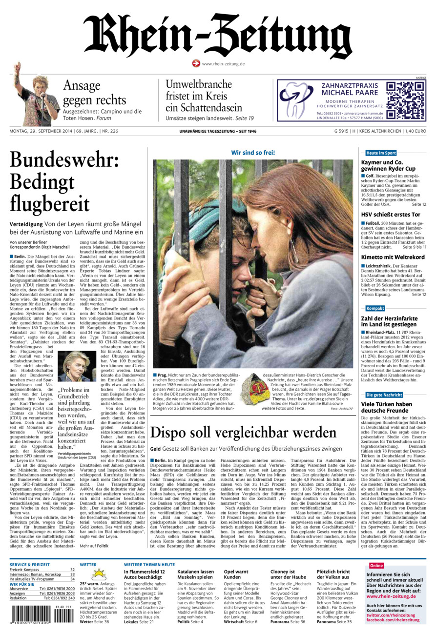Rhein-Zeitung Kreis Altenkirchen vom Montag, 29.09.2014
