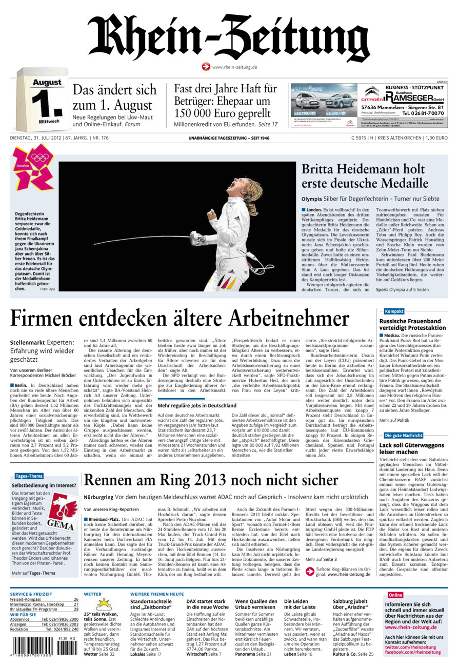 Rhein-Zeitung Kreis Altenkirchen vom Dienstag, 31.07.2012