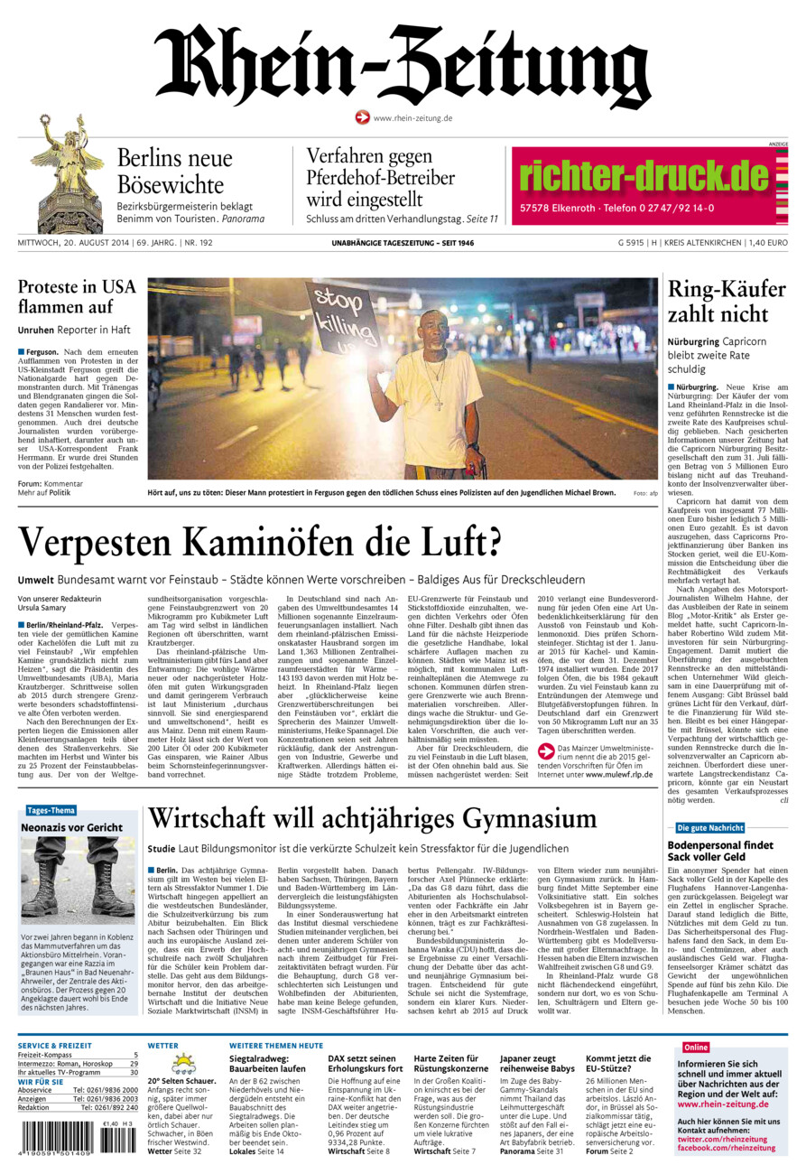 Rhein-Zeitung Kreis Altenkirchen vom Mittwoch, 20.08.2014