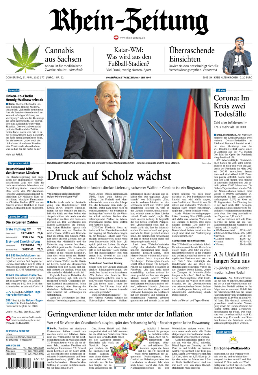 Rhein-Zeitung Kreis Altenkirchen vom Donnerstag, 21.04.2022