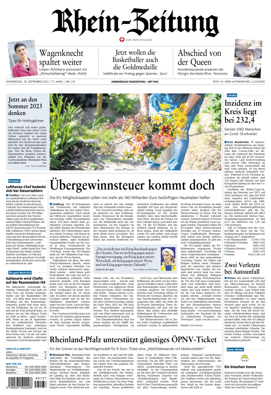 Rhein-Zeitung Kreis Altenkirchen vom Donnerstag, 15.09.2022