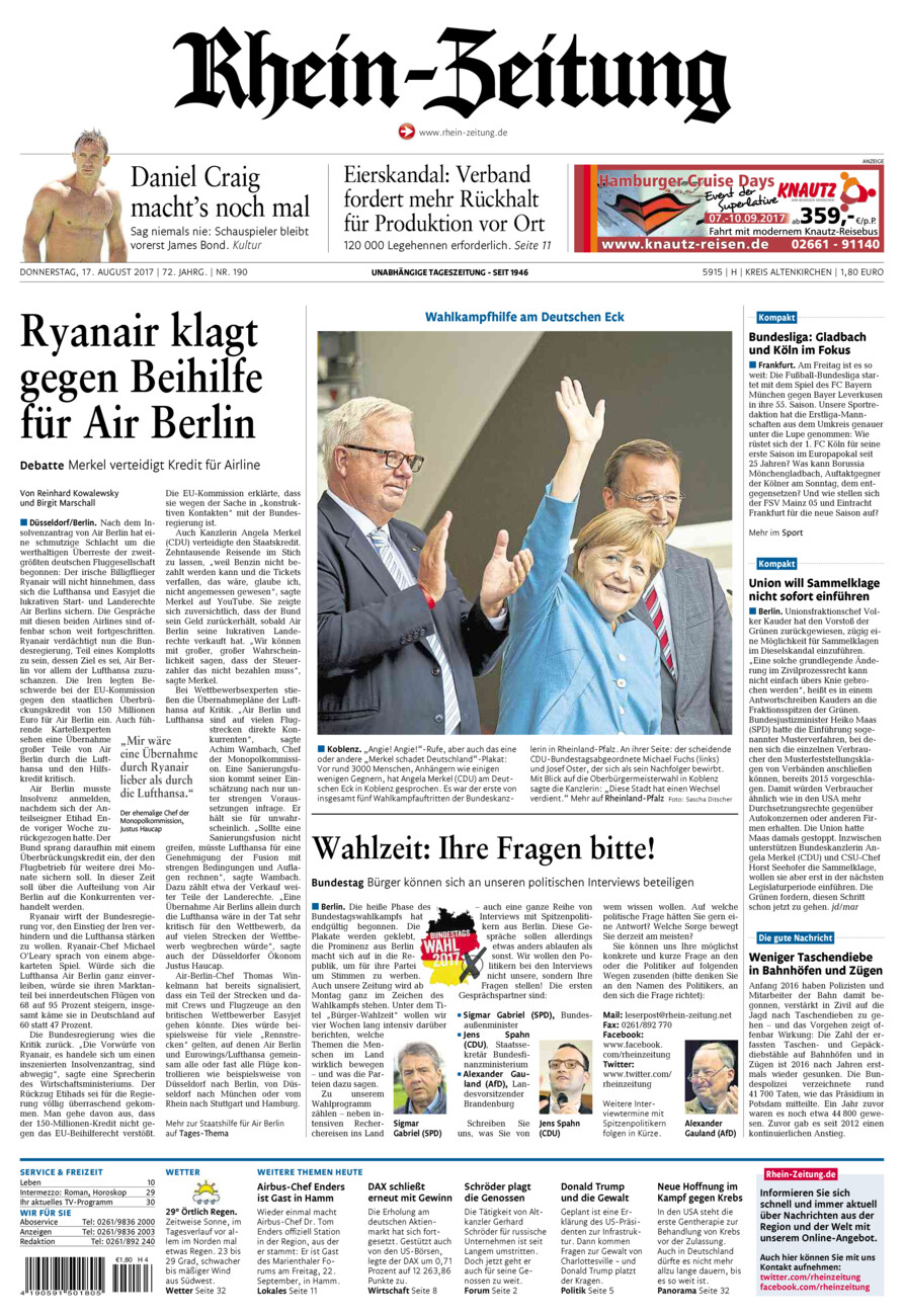 Rhein-Zeitung Kreis Altenkirchen vom Donnerstag, 17.08.2017