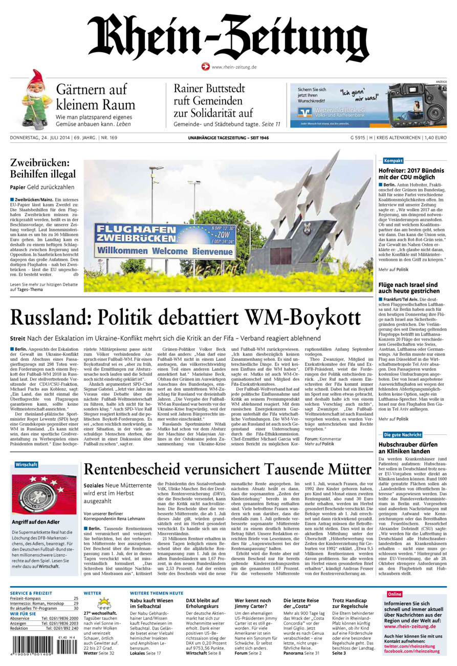 Rhein-Zeitung Kreis Altenkirchen vom Donnerstag, 24.07.2014