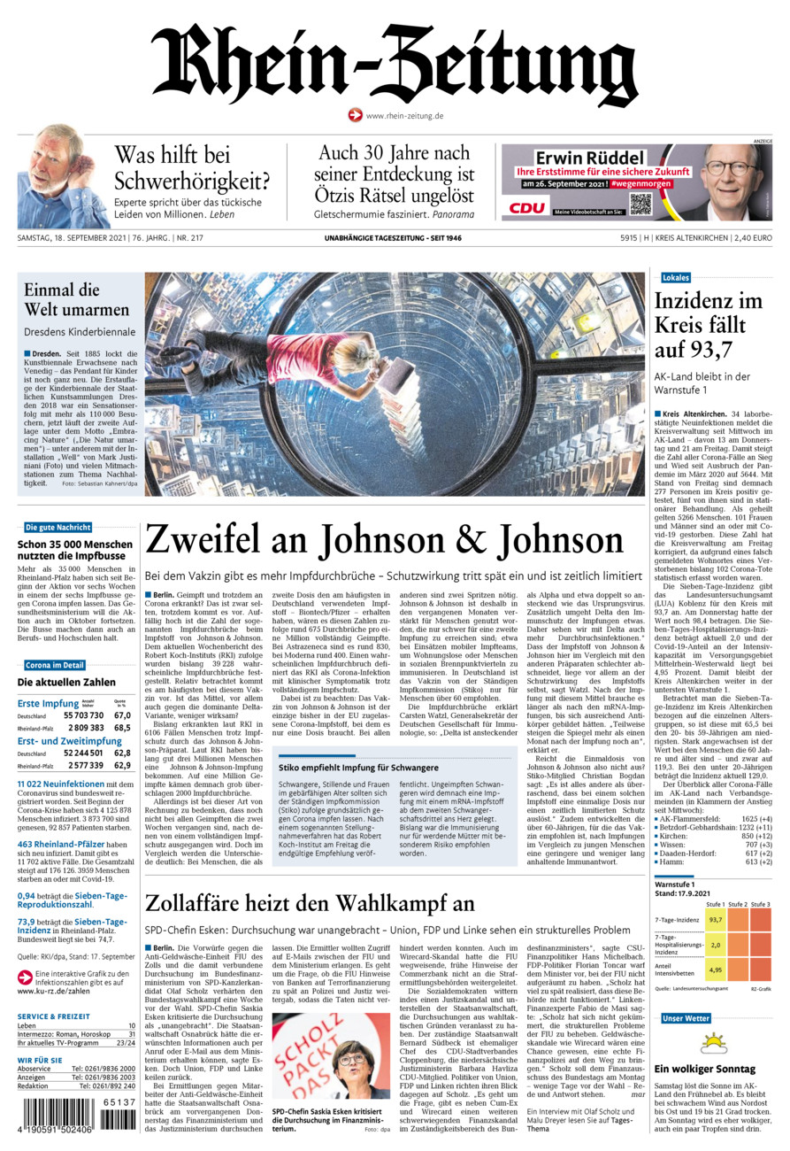 Rhein-Zeitung Kreis Altenkirchen vom Samstag, 18.09.2021