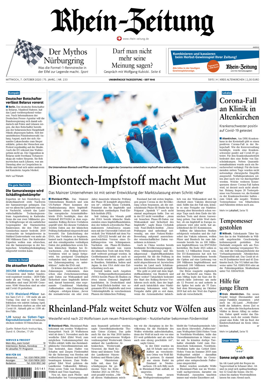 Rhein-Zeitung Kreis Altenkirchen vom Mittwoch, 07.10.2020