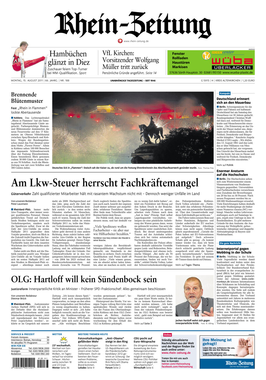 Rhein-Zeitung Kreis Altenkirchen vom Montag, 15.08.2011